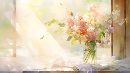 Watercolor pastel window sill and flower arrangement background poster decoration painting