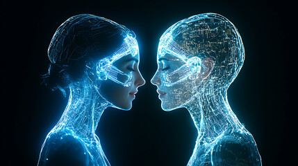 Futuristic ai interaction between digital beings virtual realm graphic art dark environment side view technology concept
