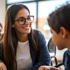 Obraz premium A teacher helping students with special needs, showing compassion and support.