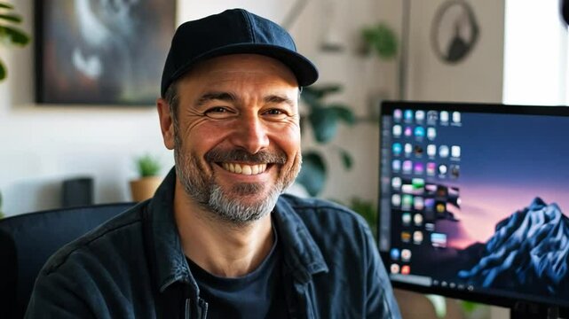 Radiant Smile in the Creative Hub: A Portrait of a Contented Individual with a Warm, Genuine Grin, Posing Before a Display, Embodiment of Approachability and Expertise. 