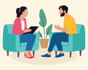  Illustration of a woman and a man sitting together and taking an interview.