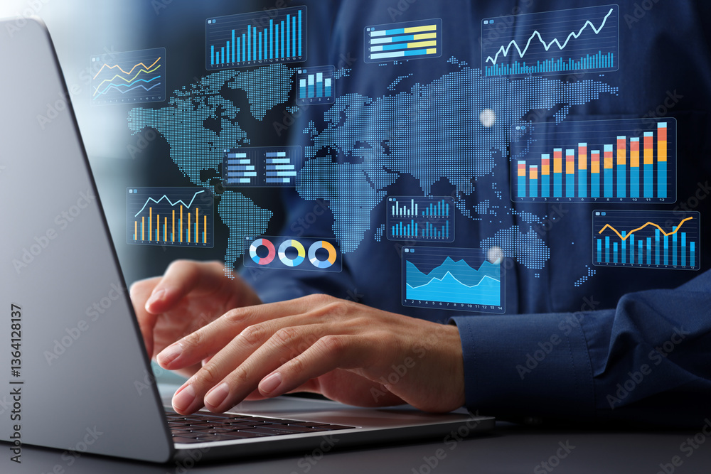 Aufkleber Global economy and trade analysis. Statistical and indicator graphs. Analyst using laptop computer to analyze data.