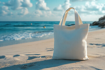 White bag on sandy beach by calm ocean with seagulls flying above under clear blue sky.