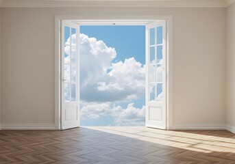 Bright morning light filters through open windows showcasing a clear blue sky with fluffy clouds in a serene indoor setting. an empty room with a large white french door open to a bright blue sky