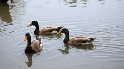 Obraz premium Ducks swimming in a farm pond, livestock farming, sustainable waterfowl farming