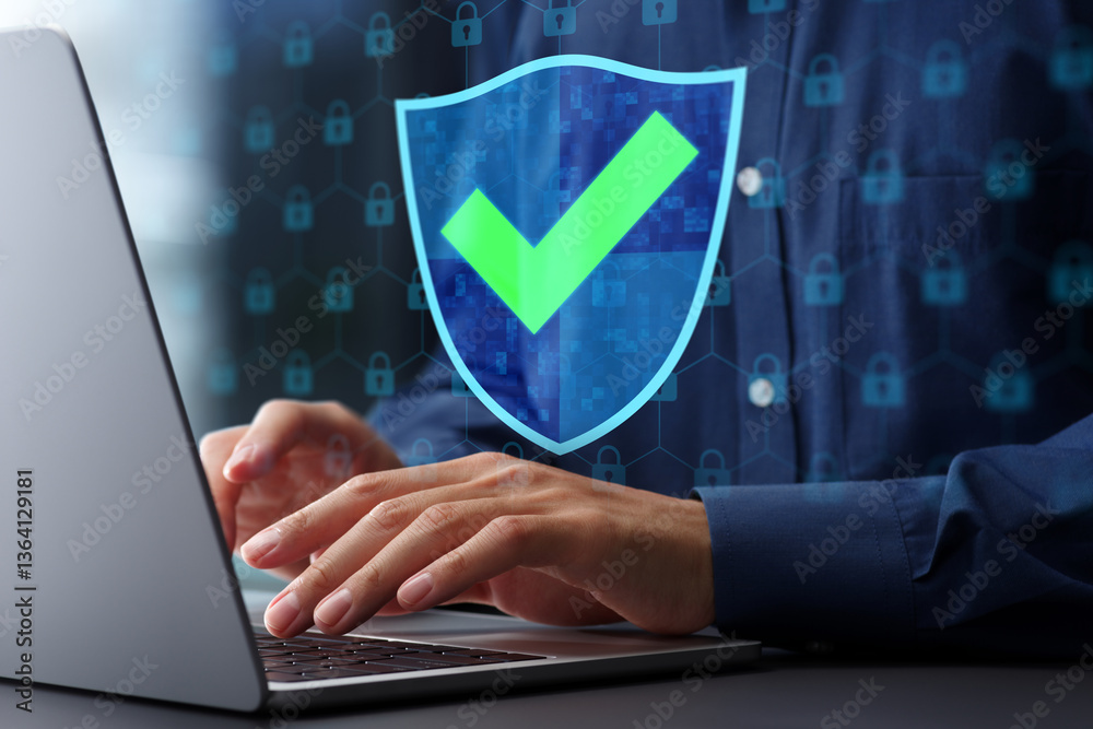 Leinwandbilder Secure network communication and cybersecurity systems. Firewalls and virtual private network VPN. Man using laptop computer with encrypted data security system.