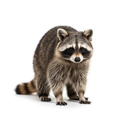 Obraz premium Mischievous raccoon in playful stance isolated on white background, high-resolution stock image for wildlife and nature themes 