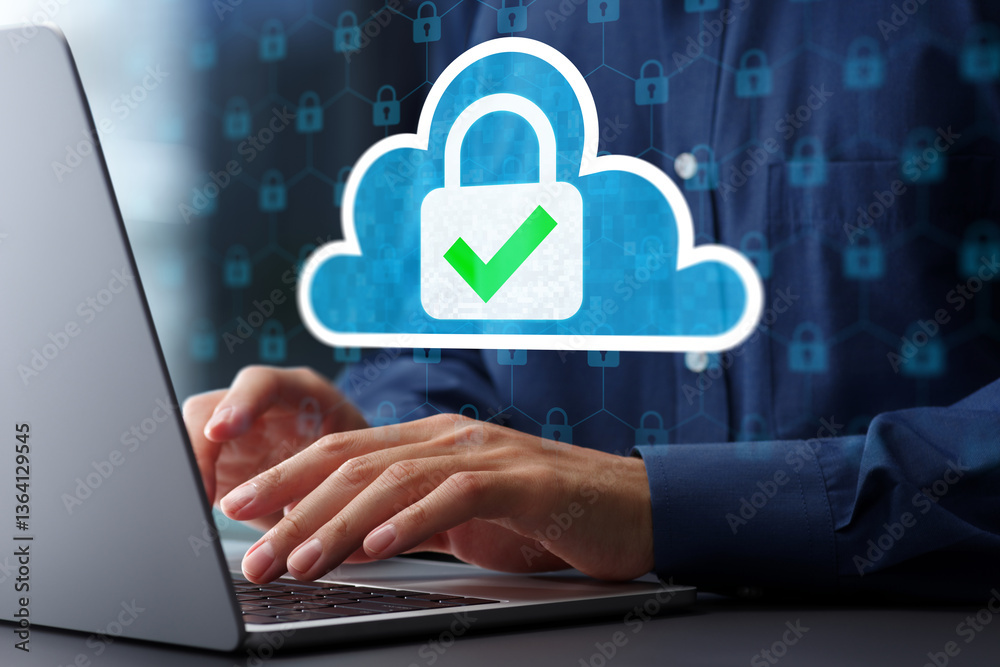 Poster Cloud security systems and secure network communication. Firewalls and virtual private network VPN. Man using laptop computer with encrypted data security system.