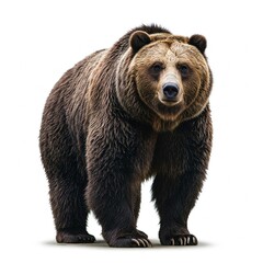 Fototapeta premium Powerful grizzly bear standing isolated on white background, ideal for wildlife documentaries, animal conservation projects, and nature-themed content 