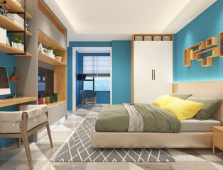 Modern bright colorful bedroom interior design in blue ocean wall and decorating built in shelf furniture with laptop working and TV for 3D rendering, comfortable bed with vivid color for home decor.