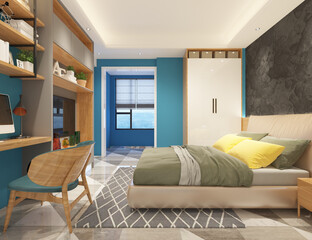 Interior design of modern colorful bedroom in blue ocean wall contrast with dark gray stone wall and decorating built in shelf furniture for 3D rendering, home decor and mockups bed with vivid color.