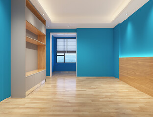 Interior design of empty blue room and wood floor decor with wooden built in cabinet shelf furniture for television mockups, home and apartment decor for bright color bedroom 3D rendering concept.