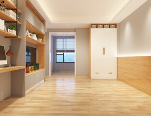 Interior design of empty minimal style room with wooden floor decorate wood built in shelf furniture for 3D rendering, home decor for bedroom and white modern wardrobe in Japanese concept.