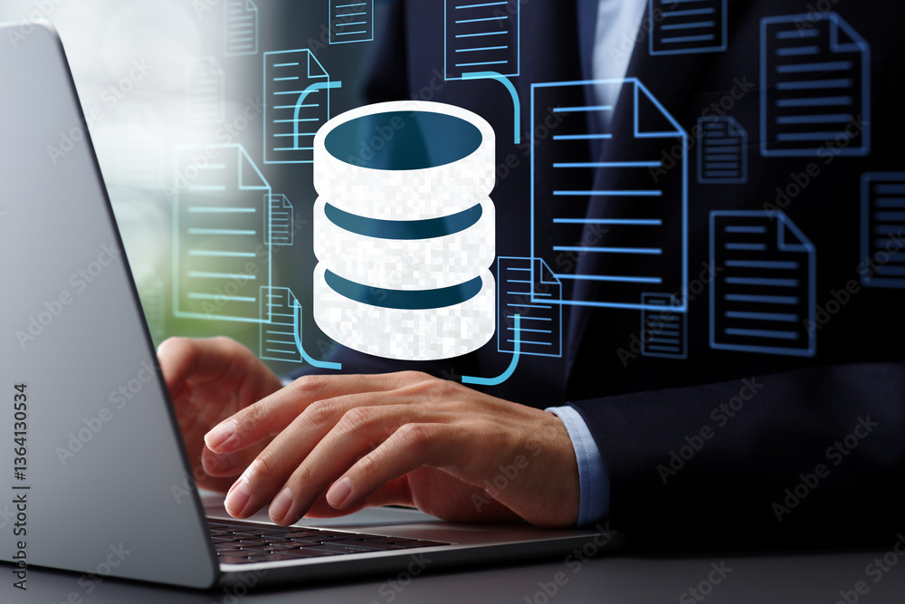 Poster Document database technology and system. Many files in data server. Businessman in suit typing on laptop computer keyboard at desk in office.