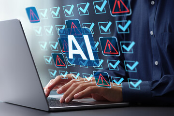 AI-powered automated debugging or troubleshooting. Artificial intelligence diagnostics and detection. System engineer using laptop computer to instruct AI monitoring.