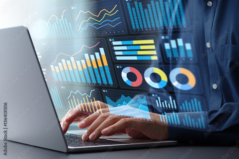 Aufkleber Web analytics dashboard and statistical marketing graphs. Analysis of customer behavior about page view and conversion rate. Analyst using laptop computer to analyze data.