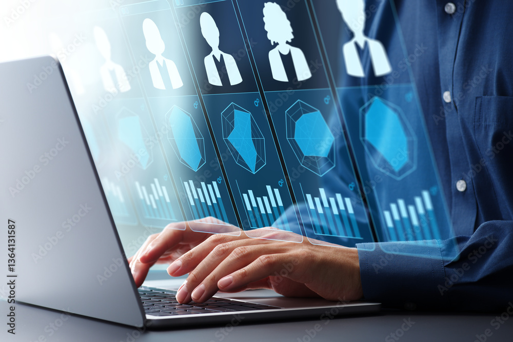 Poster Human resource evaluation and performance appraisal. Employee talent assessment and competency assessment. Manager using a laptop computer to review skills.