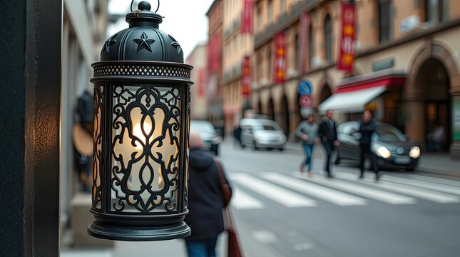 Decorative lantern adorns a european street on a cloudy day - Powered by Adobe