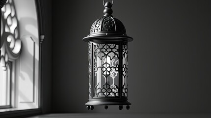 Obraz premium Ornate black lantern hangs against a gray wall with window