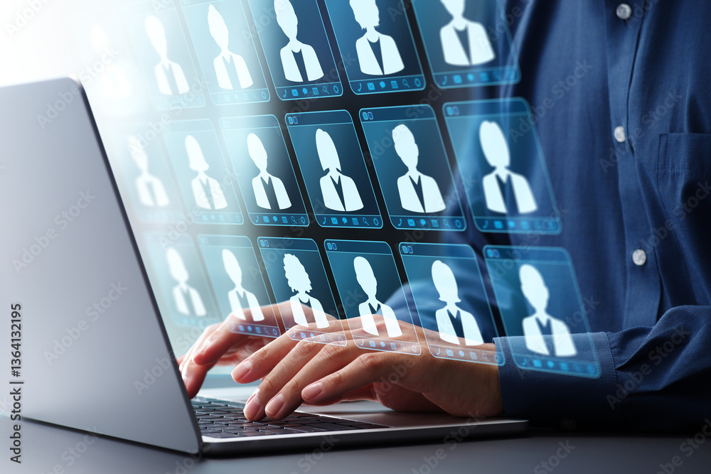 Poster Customer data management and employee data management. CRM customer relationship management. Businessman using laptop computer to manage data.