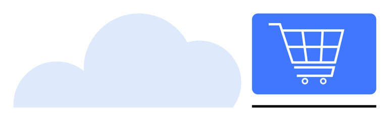 Blue shopping cart icon alongside a simplified cloud graphic symbolizing cloud-based e-commerce. Ideal for technology, retail, online shopping, software, innovation, cloud solutions, business