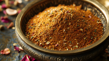 A traditional Moroccan spice mix known as Ras El Hanout, made with over 20 ingredients like cumin, coriander, cinnamon, and rose petals, used to season couscous and tagines.