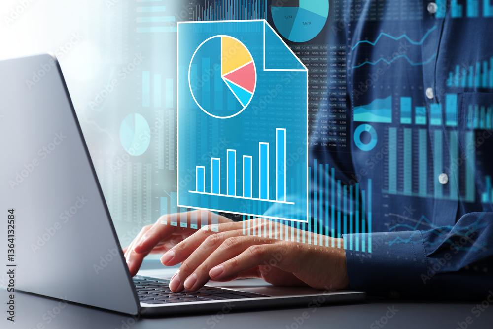 Fototapete Spreadsheet calculations and applications. Data tables and graphs. Businessman using laptop computer for spreadsheet software.