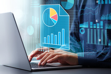 Spreadsheet calculations and applications. Data tables and graphs. Businessman using laptop...