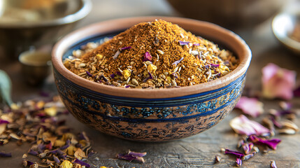 A traditional Moroccan spice mix known as Ras El Hanout, made with over 20 ingredients like cumin, coriander, cinnamon, and rose petals, used to season couscous and tagines.