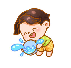 Cheerful Child Playing with Water Festive Handdrawn