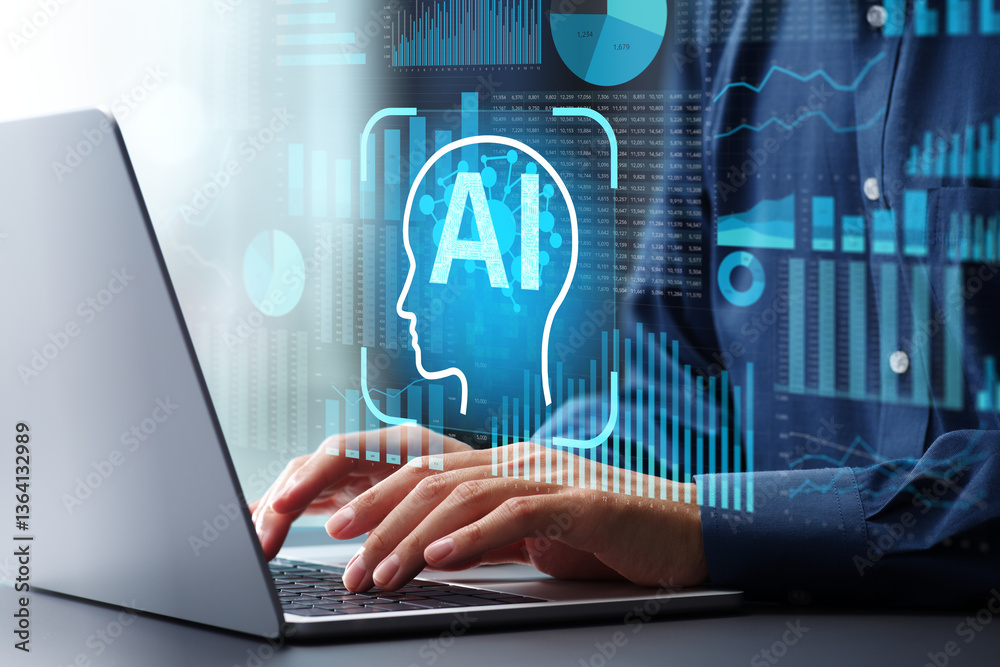 Fototapete AI analytics and business management. Artificial intelligence agent creating  graphs with spreadsheet software. Businessman using laptop computer to instruct AI.