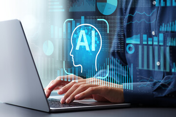 AI analytics and business management. Artificial intelligence agent creating  graphs with spreadsheet software. Businessman using laptop computer to instruct AI.