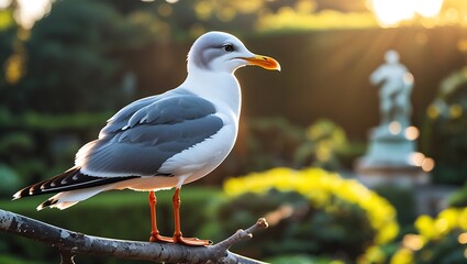 Fototapeta premium Seagulls Resting, Sunlit Italian Garden, Historic Monument View