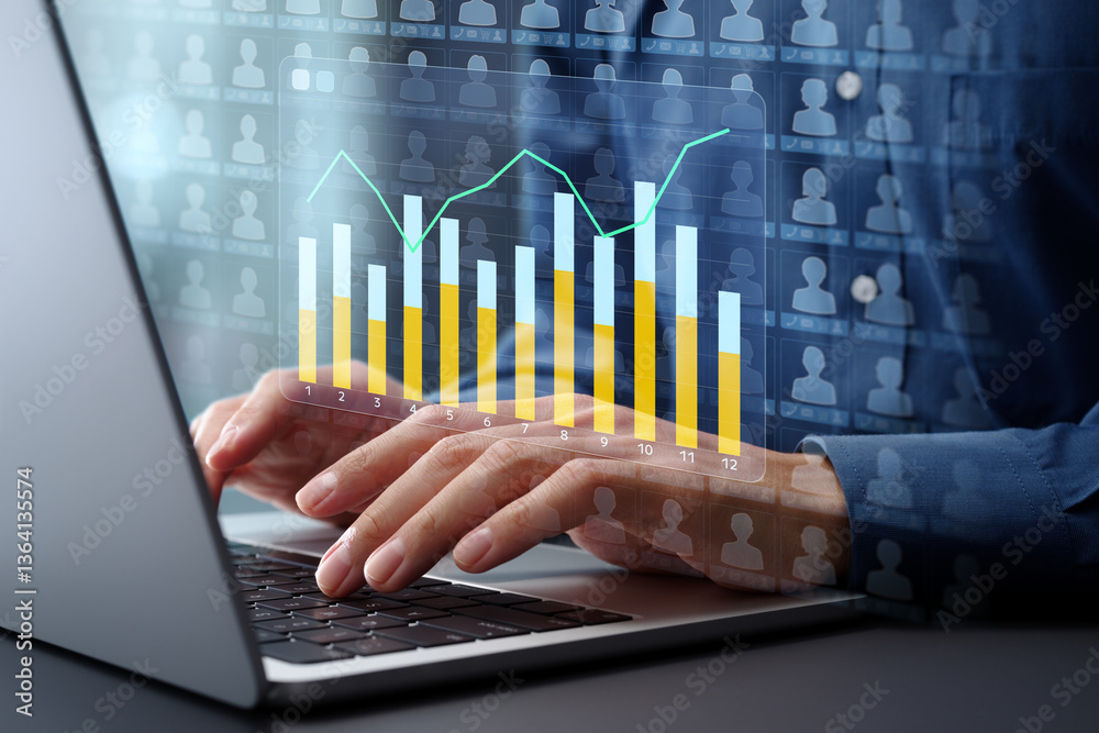 Leinwandbilder Customer data and sales analysis. Financial and statistical web marketing analytics. Graphs and customer database icons. Analyst using laptop computer to analyze data.