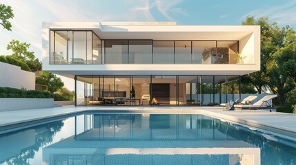 Fototapeta premium Luxury real estate concept with swimming pool and modern architecture. minimalist,