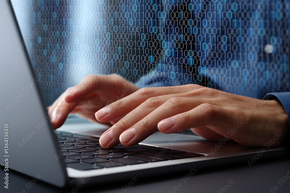 Leinwandbilder Binary data processing and data encoding. Digital data processing technology. Engineer using laptop computer to analyze binary data.