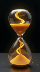 Ancestral DNA hourglass where sands contain complete genetic lineage within a double helix crystal frame with gold molecular markings.