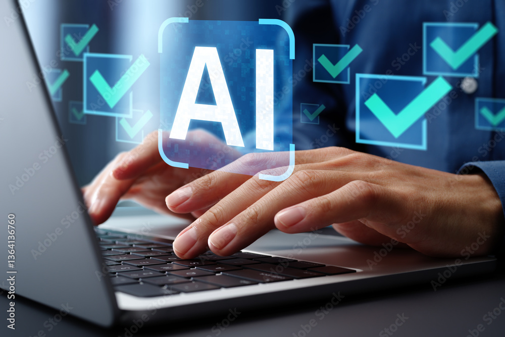 Poster AI governance and responsive generative artificial intelligence use. Ethics and explainability of technology. Businessman typing on laptop computer keyboard at desk in office.