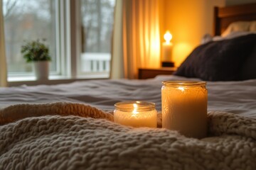 Soft candlelight creates a relaxing atmosphere in a cozy bedroom with silky sheets and warm neutral tones perfect for unwinding