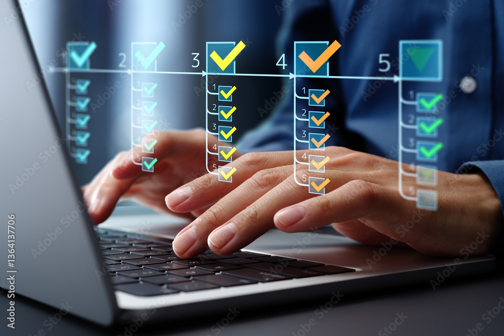 Poster Task management and prioritization systems. Project management and performance tracking systems. Businessman using laptop computer to manage and prioritize tasks.
