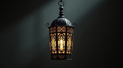 Ornate metal lantern with a candle casts soft light
