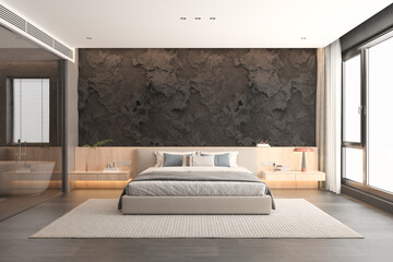 A simply luxury bedroom interior design with bathtub in gray tone modern style featuring dark stone headboard, stylish room with a large bed near window, perfect interior scene mockups 3d rendering.