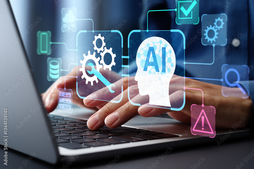 Leinwandbilder AI-driven automated maintenance and system updates. Problem detection and resolution automation. Engineer using laptop computer to instruct AI for maintenance.