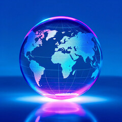 Our interconnected world, a vibrant glass globe glowing with ethereal pink and blue light, representing global unity and communication.