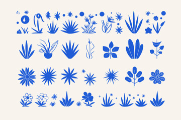 Botanical Harmony: A collection of stylized botanical elements, artfully arranged in a flat, minimalist design with shades of blue.
