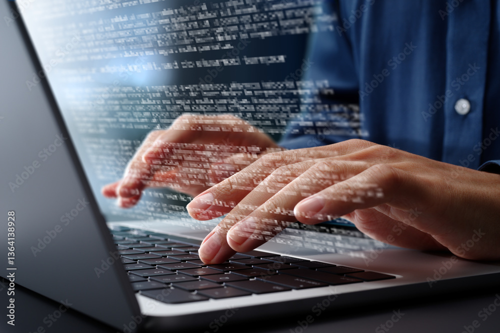 Fototapete Writing report or article. Preparing documents. Closeup of hands typing on laptop computer keyboard. Writer working at desk in office.