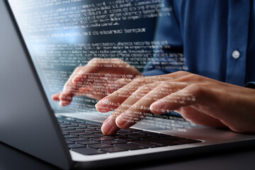 Writing report or article. Preparing documents. Closeup of hands typing on laptop computer...