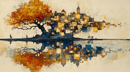 Autumnal tree with town reflected in water.