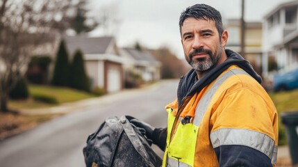 Fototapeta premium Focused Sanitation Worker Carries Trash Bag Down Residential Street In Daytime