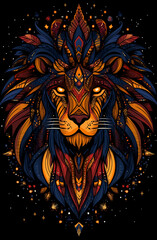 Colorful lion with a yellow eye and a blue mane. The lion is surrounded by a lot of stars and feathers